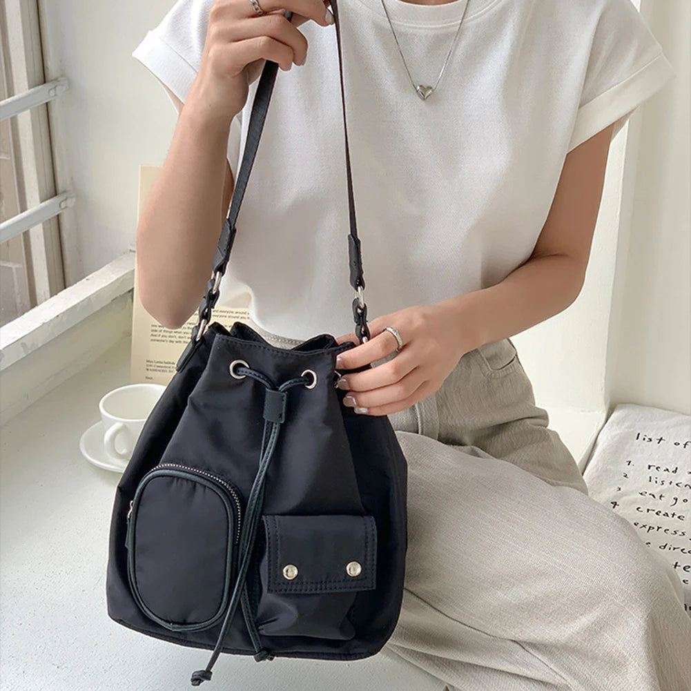 Women Crossbody Bag Drawstring Nylon Ladies Bucket Bag Fashion Temperament Large Capacity Wear-resistant Travel Shoulder Bags