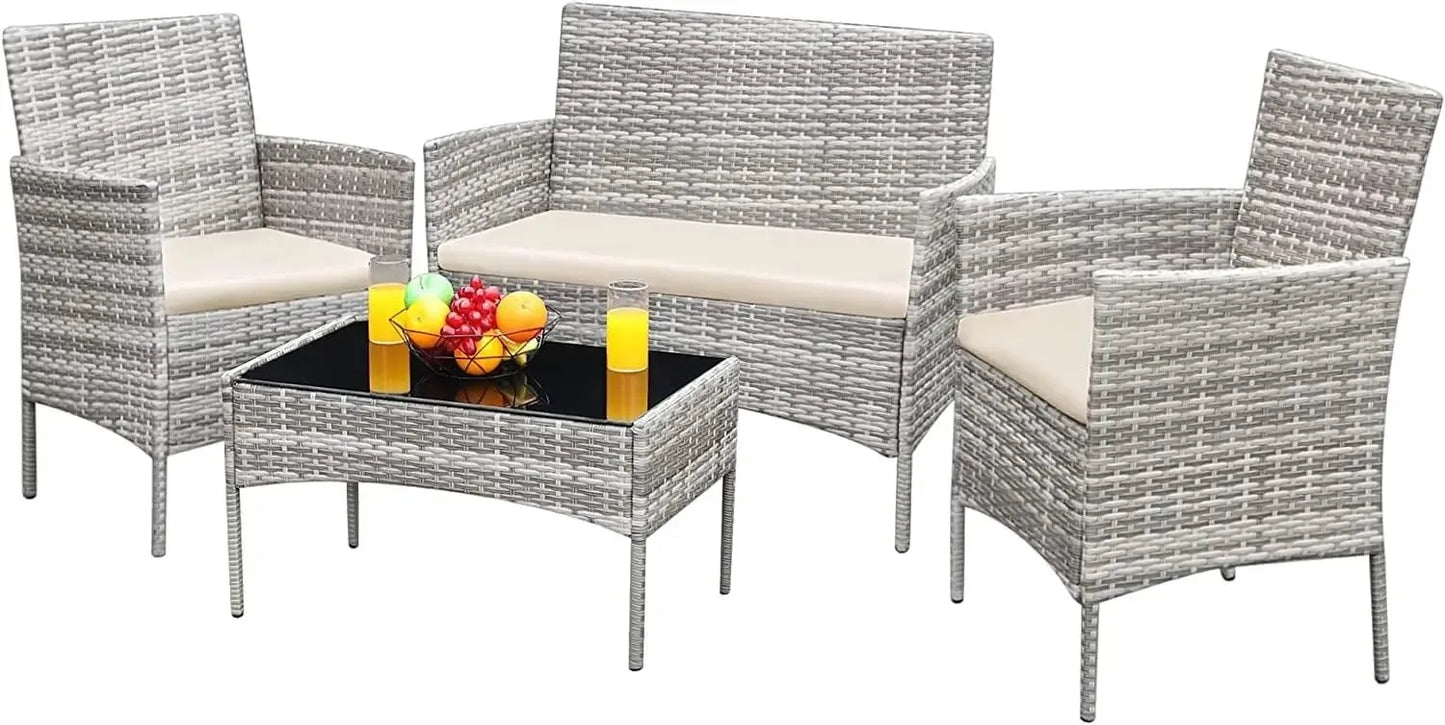 Patio Furniture 4 Pieces Conversation Sets Outdoor Wicker Rattan Chairs Garden Backyard Balcony Porch Poolside loveseat