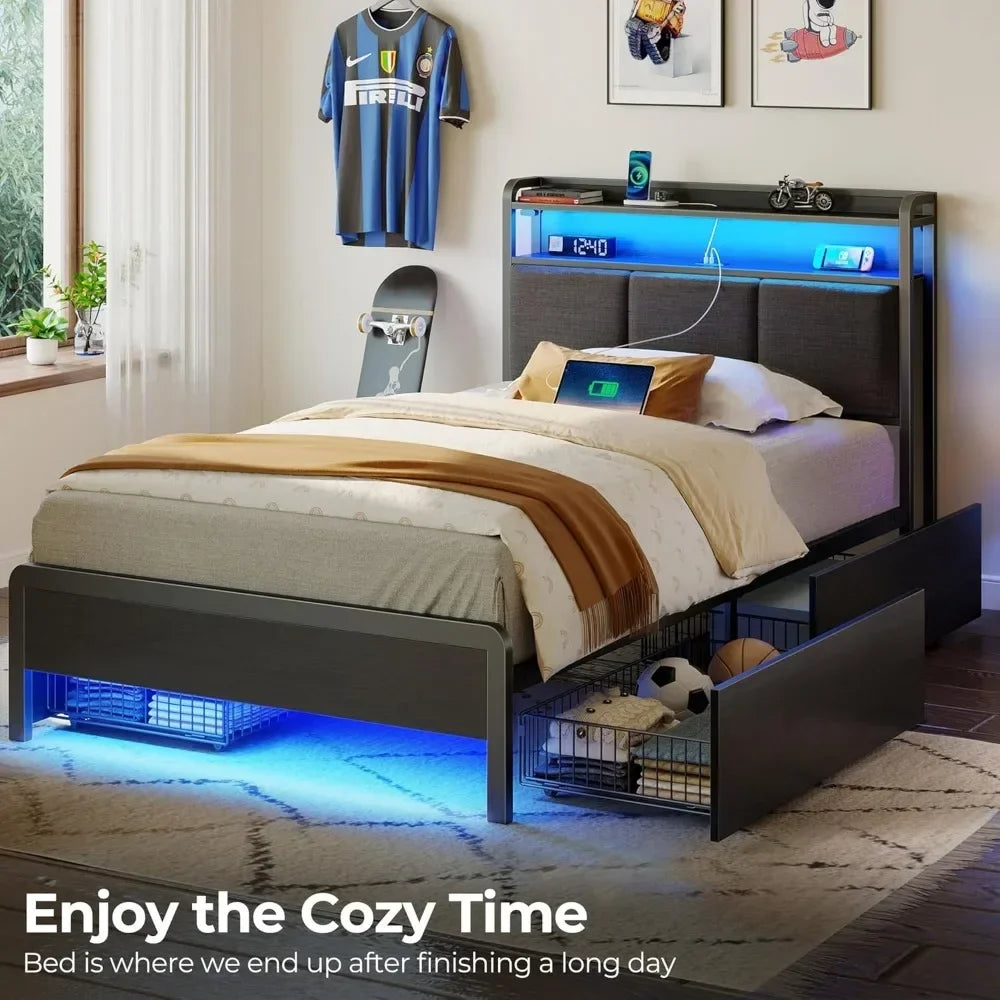 Bed Frame Twin Size with Bookcase Storage Headboard, Slide Out Bedside Storage, Bed with Charging Station & LED Lights
