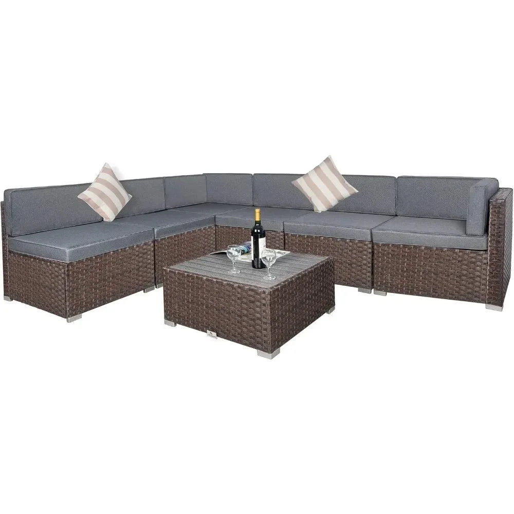 7 Piece Outdoor Patio Furniture Sets with Cushions,Patio PE Rattan Wicker Conversation Couch Sets with Slatted Table,Pillows