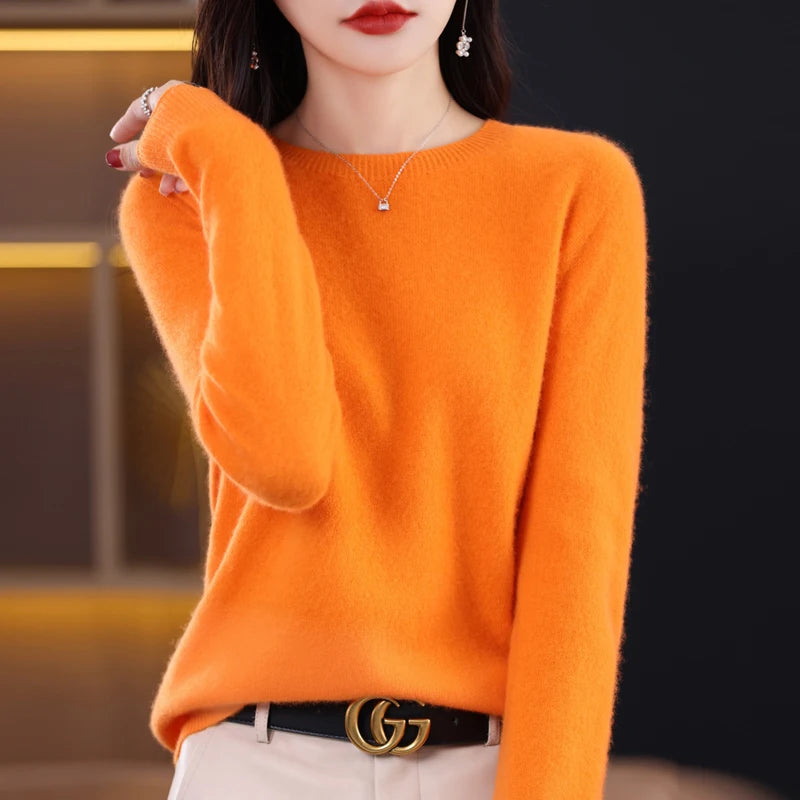 New Cashmere Basic Top Long Sleeve Women O-Neck Knitted Sweater 100% Pure Merino Wool Pullover Clothing Knitwear traf