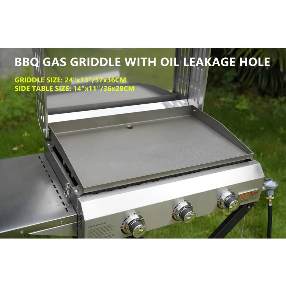 Foldable Cart & Side Table, Stainless Steel Flat Top Gas Grill Griddle Stove with Lid, for Outdoor Cooking Patio Backyard