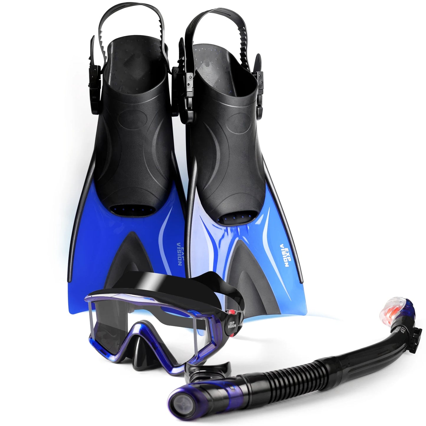 Diving Mask Fin Snorkel Set for Adults, Panoramic Diving Mask, Dry Top Snorkel and Dive Flippers Kit with Travel Bag