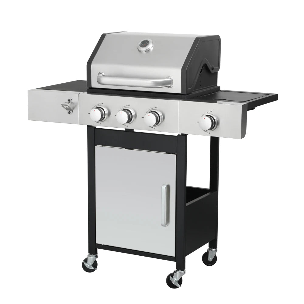 3-Burner Propane Gas BBQ Grill with Side Burner, 37230BTU Output with Enameled Cast Iron Cooking Grids for Outdoor Barbecue BBQ