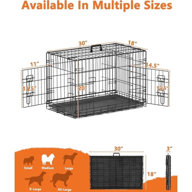 30 Inch Double Door Medium Dog Crate with Divider Panel and Leak- Proof Pan Tray, Folding Metal Wire Pet Kennel for Indoor，Grey