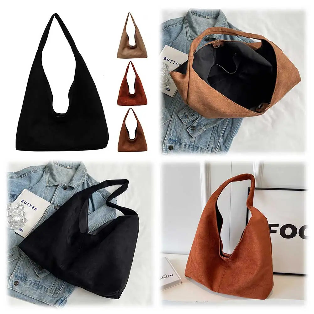 Women Suede Shoulder Bag with Pocket Underarm Bag Trendy Hobo Bag Slouchy Bag for Work Travel Shopping