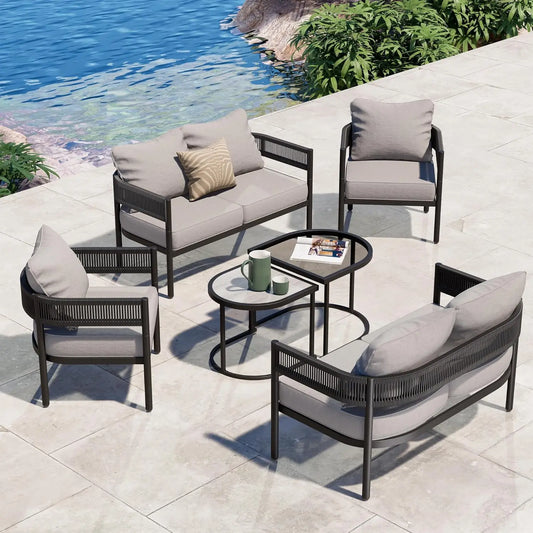 6 Piece Wicker Outdoor Furniture Set with Beige Thick Cushions and Coffee Table Patio Sofa Conversation Set for Backyard