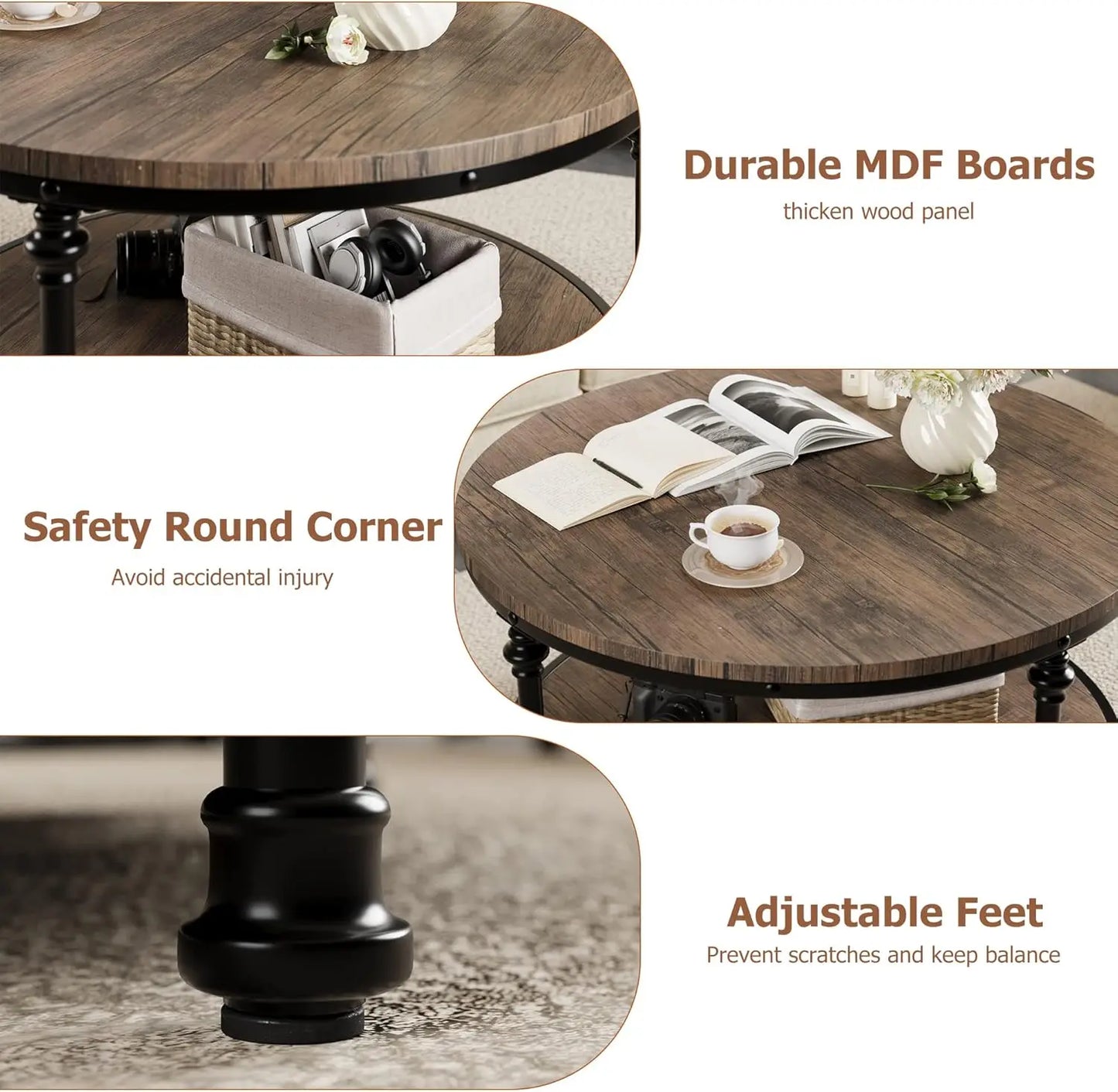 Round Coffee Table for Living Room Rustic Center Table with Storage Shelf Wood Circle Coffee Table , Easy Assembly