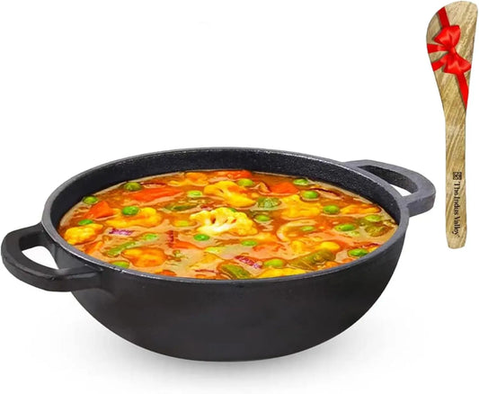 Pre-Seasoned Cast Iron Kadai with Flat Handles Free Wooden Flip | Medium, 25.4 cm/10 inch, 2.3Ltr, 2.5kg
