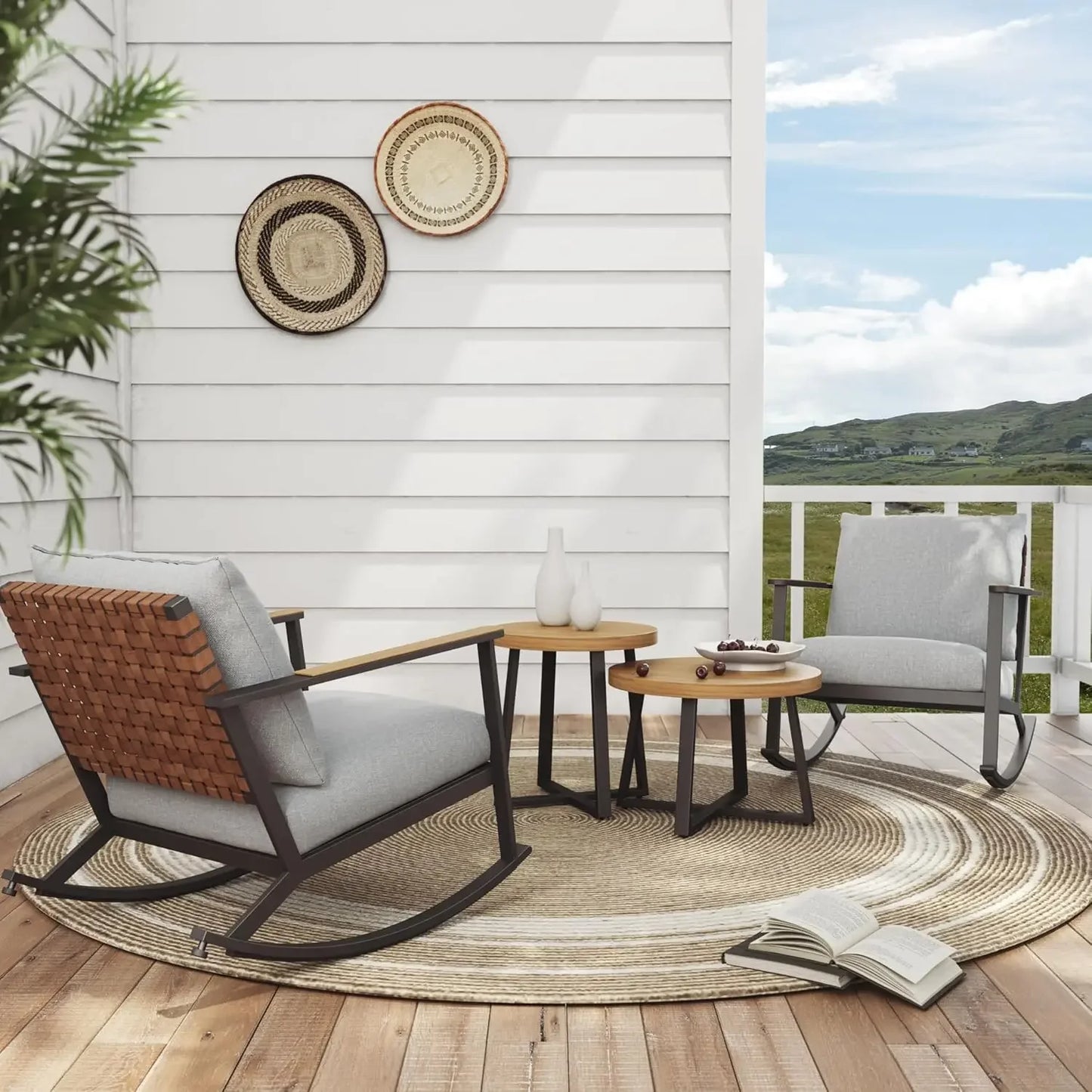 Outdoor Rocking Chairs,Leather-Look Patio Wicker Bistro Set with Chairs andFaux Wood Grain Coffee Table