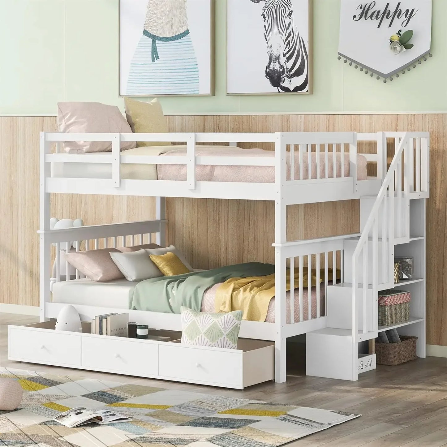 Full Over Full Bunk Bed with Trundle & Stairs, Wooden Full Size Bunk Bed Frame with Storage,for Kids Teens Adults