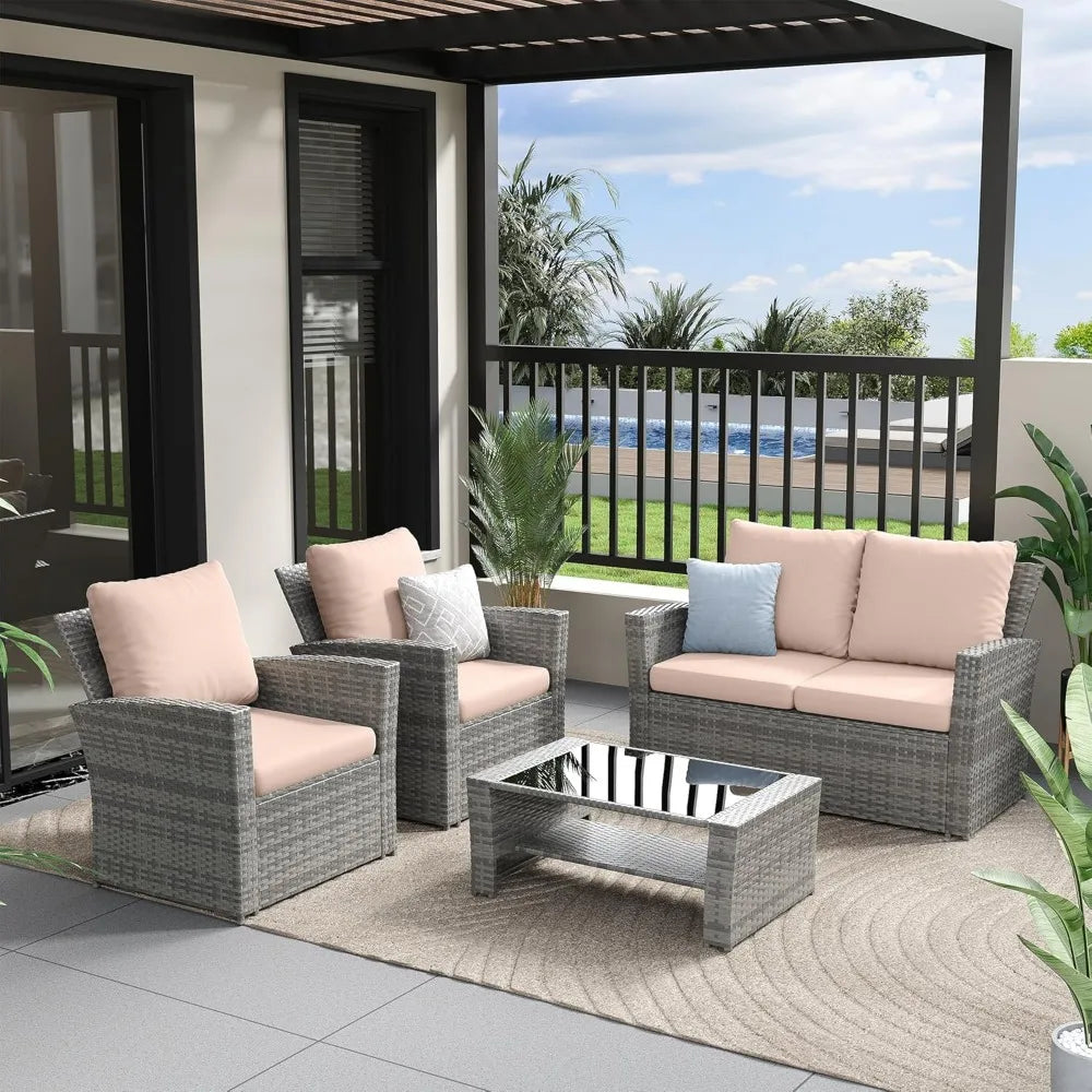 4 Pieces Outdoor Patio Furniture Set,Wicker Sectional Sofa Outdoor Patios Set Rattan Patios Furniture, Patio Conversation Sets