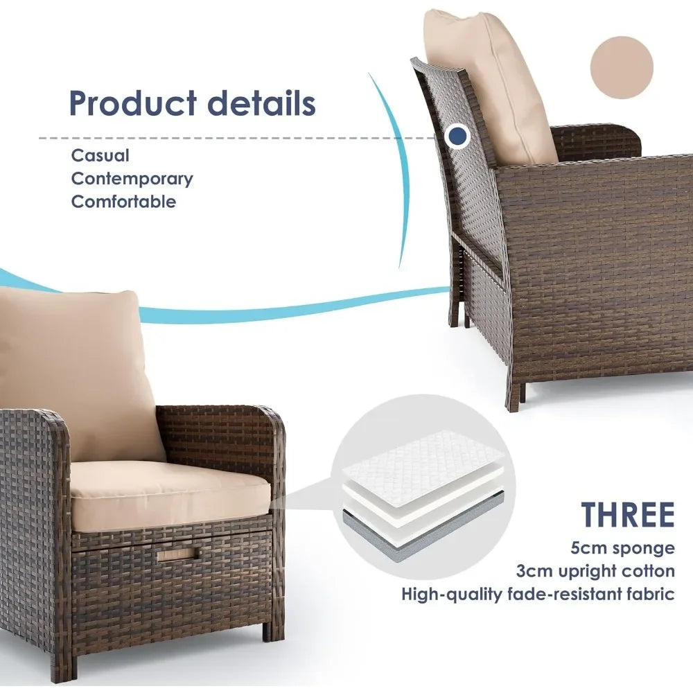 5 Pieces Patio Conversation Set All-Weather PE Rattan Outdoor Balcony Furniture Set, Patio Chair with Ottoman & Coffee Table