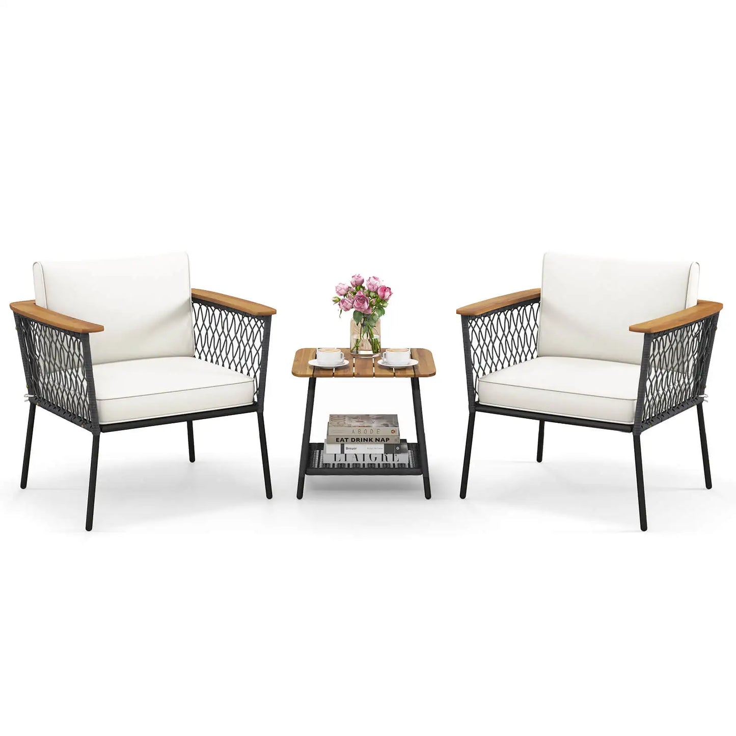 3 PCS Patio Furniture Set with 2-Tier Coffee Table Acacia Wood Armrests Tabletop