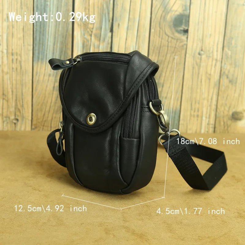 Real Leather Men Design Casual Multifunction Small Messenger Crossbody Bag Fashion Waist Belt Bag Hook Pack 5.5" Phone Pouch