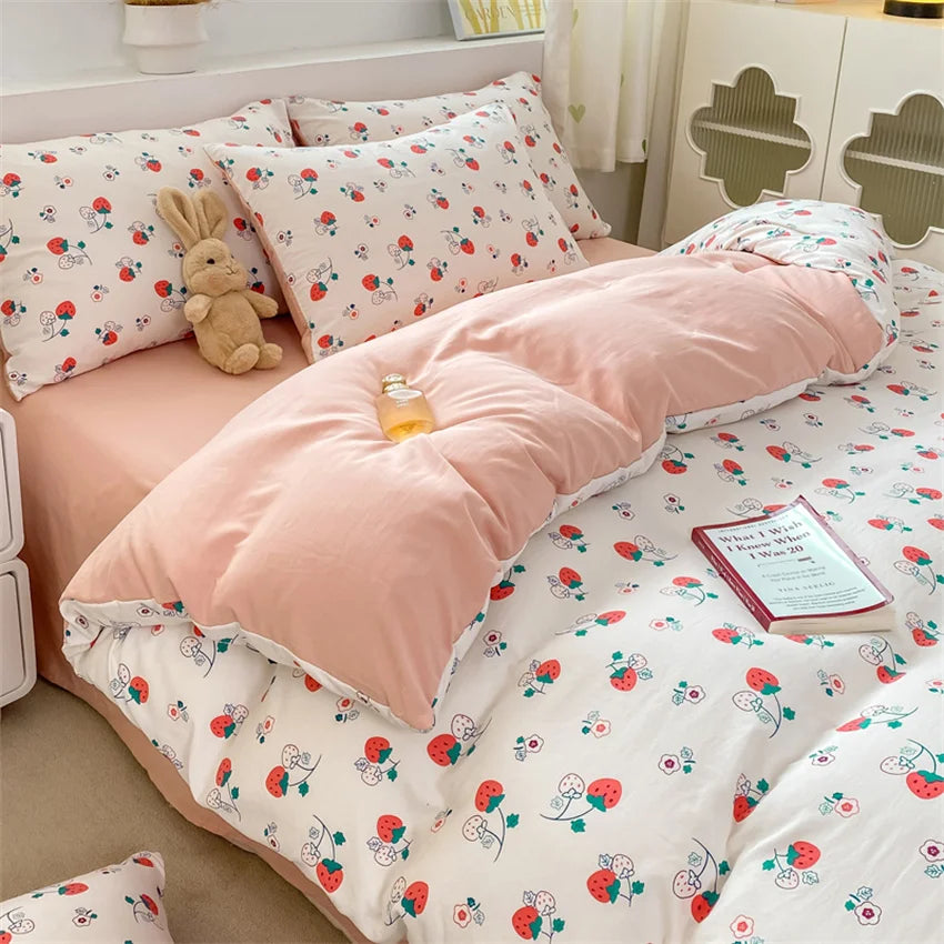 Korean Retro Floral Bedding Set 100% Washed Cotton Bed Sheets Set Soft Duvet Cover Bed Linen Pillowcase Single Double Queen King