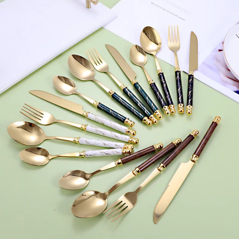 24-piece Set of Stainless Steel Cutlery with Rack, Exquisite Ceramic Handle Spoon and Fork Set Dishwasher Safe Cutlery Set