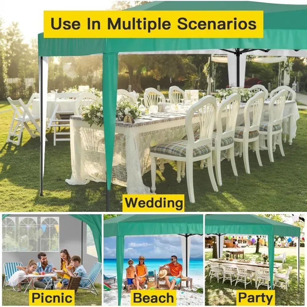 Awning 10x20 with Sidewalls, Sun-Resistant Heavy Duty 10x20 Pop Up Canopy with 6 Sand Bags, Green Foldable Event Tent