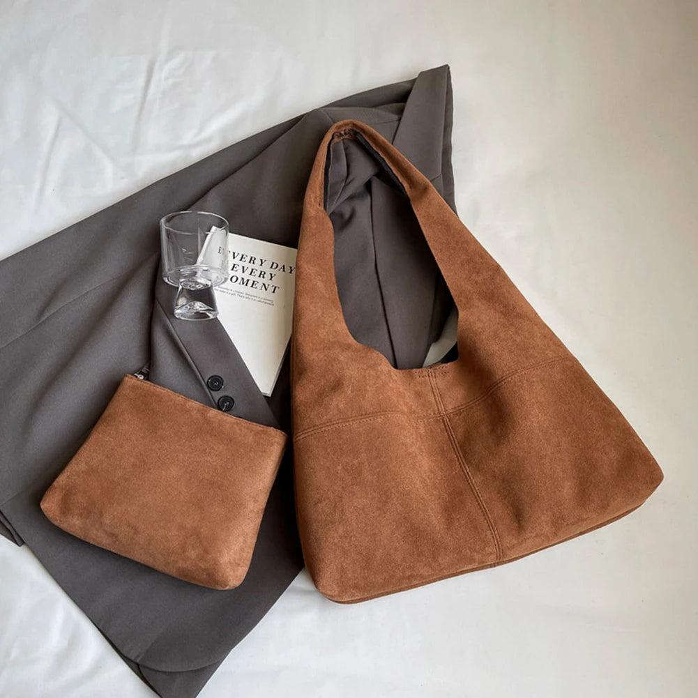 Women Suede Shoulder Bag with Inner Pocket Underarm Bag Vintage Hobo Bag Slouchy for Work Travel