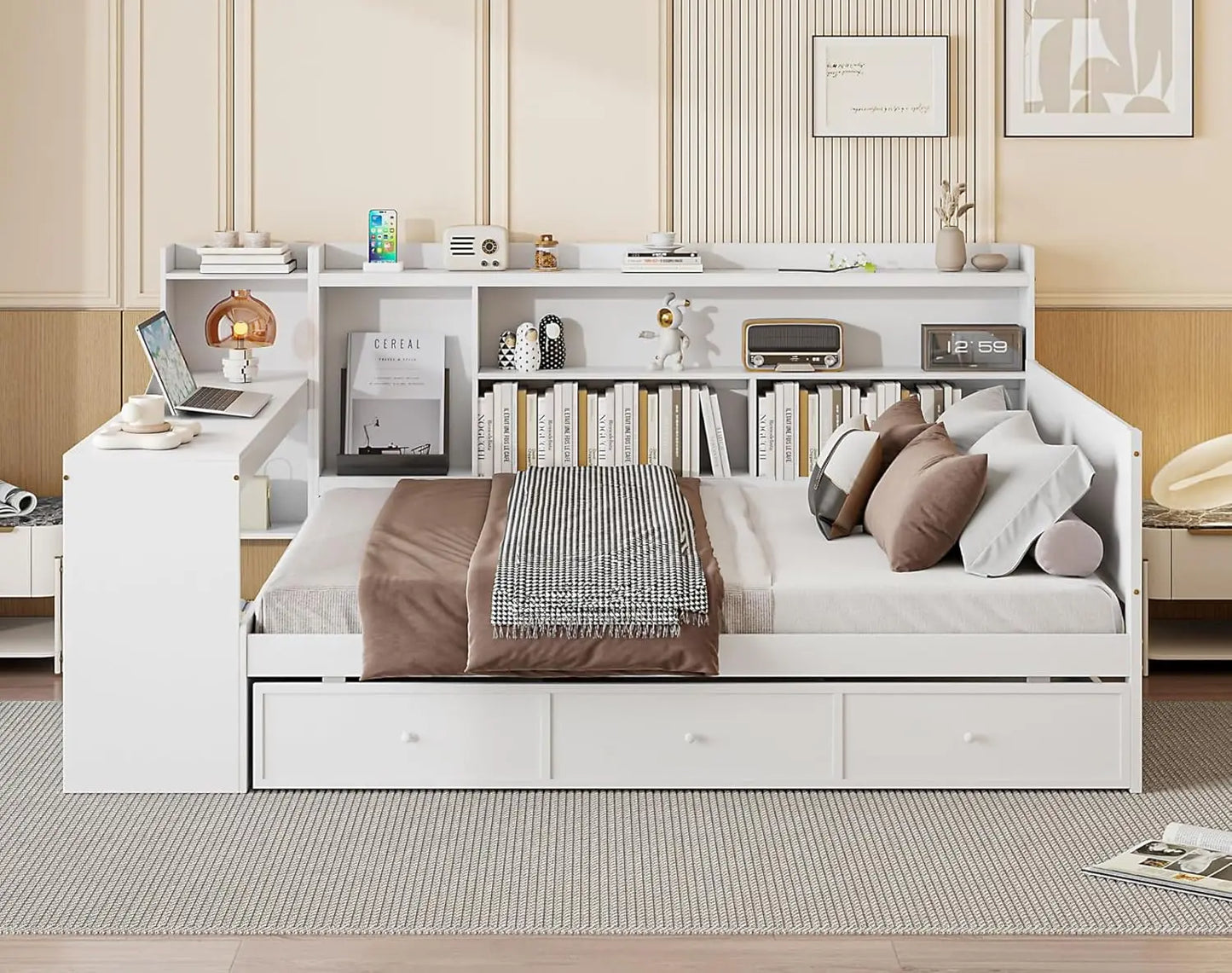 Full Size Corner Bed Frames with Desk and 3 Storage Drawers USB Port Shelves Headboard, Pinewood U-Shaped Captain Daybed