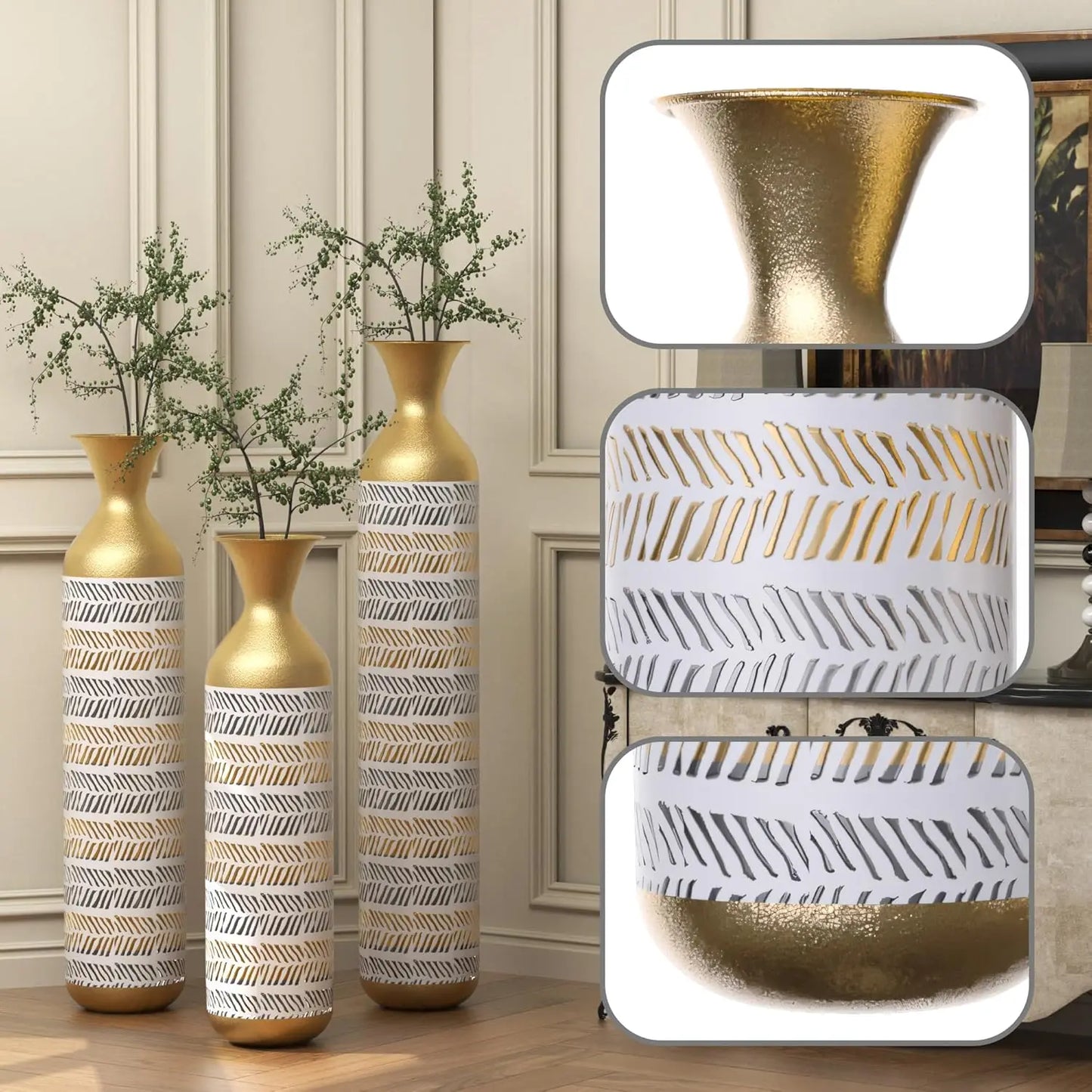 Metal Decorative Vase Set of 3, Oversized Floor Tall Metallic Glazed Vases with Pampas Prairie Twigs for Bedroom Decoration