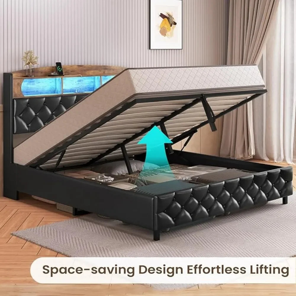 Lift Up Storage Bed Frame, Queen Platform Bed with Storage,LED Lights,Charging Station, Upholstered Storage Headboard,Bed Bases