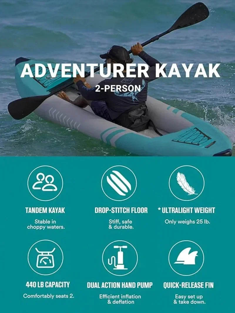 Inflatable Kayak 2 Person Adult Tandem Kayak with Drop Stitch Floor Touring Kayak with Aluminum Paddles Adventurer 12.5ft