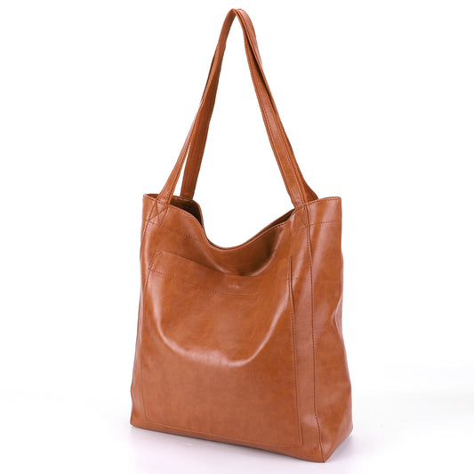Vintage Women Soft PU Leather Shoulder Bag Solid Color Casual Large Tote Designer Luxury Handbag Female Versatile Tote Bag