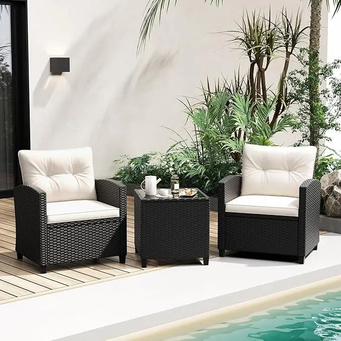3 Piece Patio Furniture Set, Wicker Bistro Conversation Set w/2 Cushioned Armchairs & Glass Topped Table, Outdoor Rat