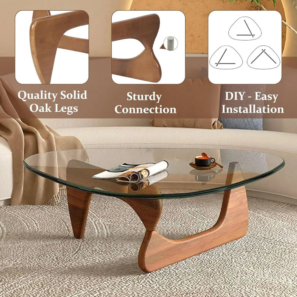 Coffee Tables  - Triangle Glass Coffee Table with Wooden Base Mid-Century Modern Abstract End Table for Study Room Office Hotel