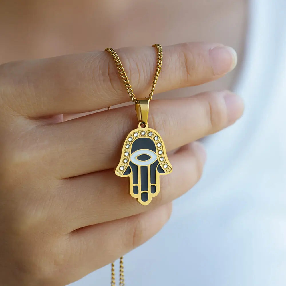 Gold Color Palm Fatima Pendant Necklace For Women Stainless Steel Lucky Turkish Evil Eye Choker Necklaces Aesthetics Jewelry
