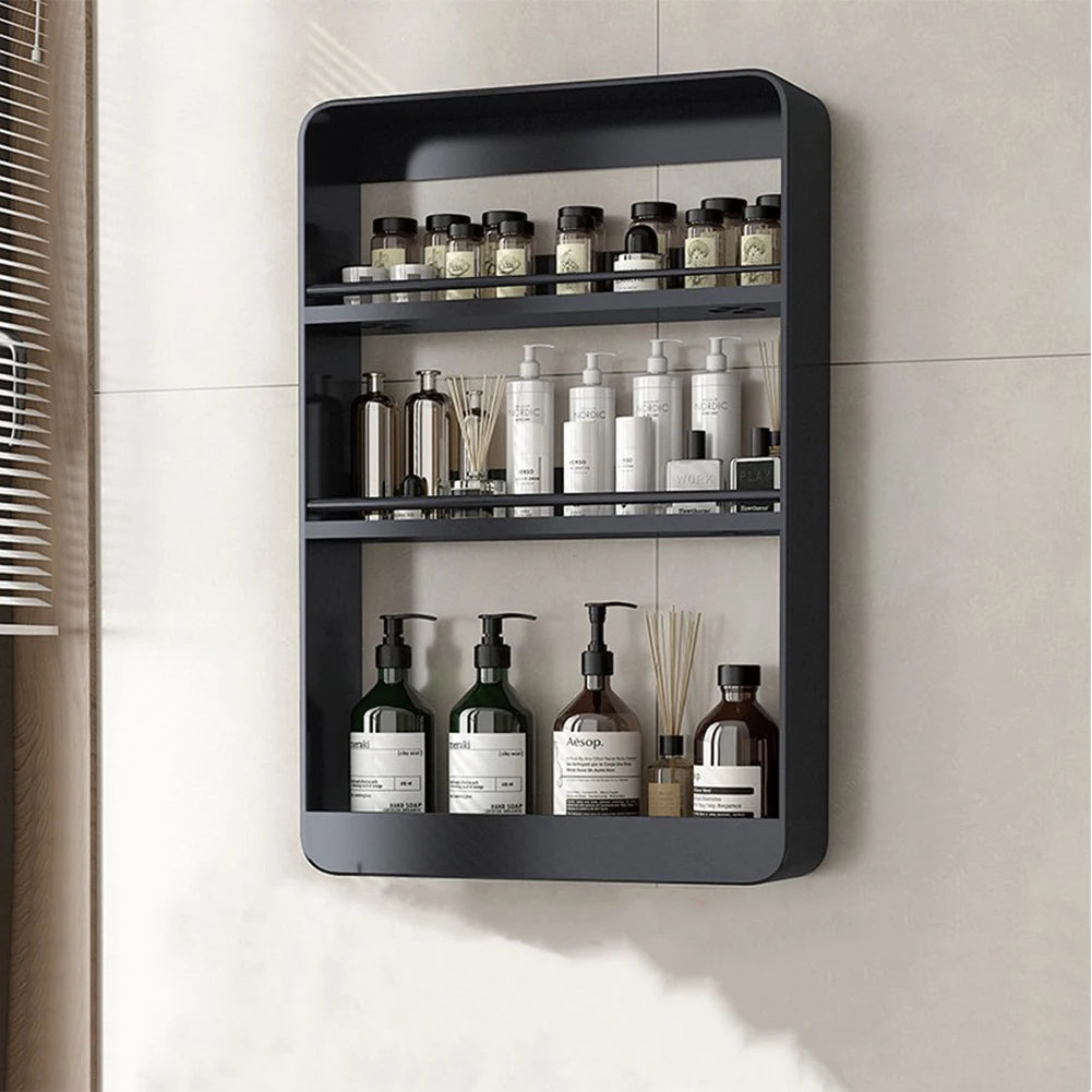 Wall-Mounted Bathroom Shelf No Drilling 2 Layers Shelves Cosmetic Storage Rack Kitchen Seasoning Bottle Racks Closet Organizer