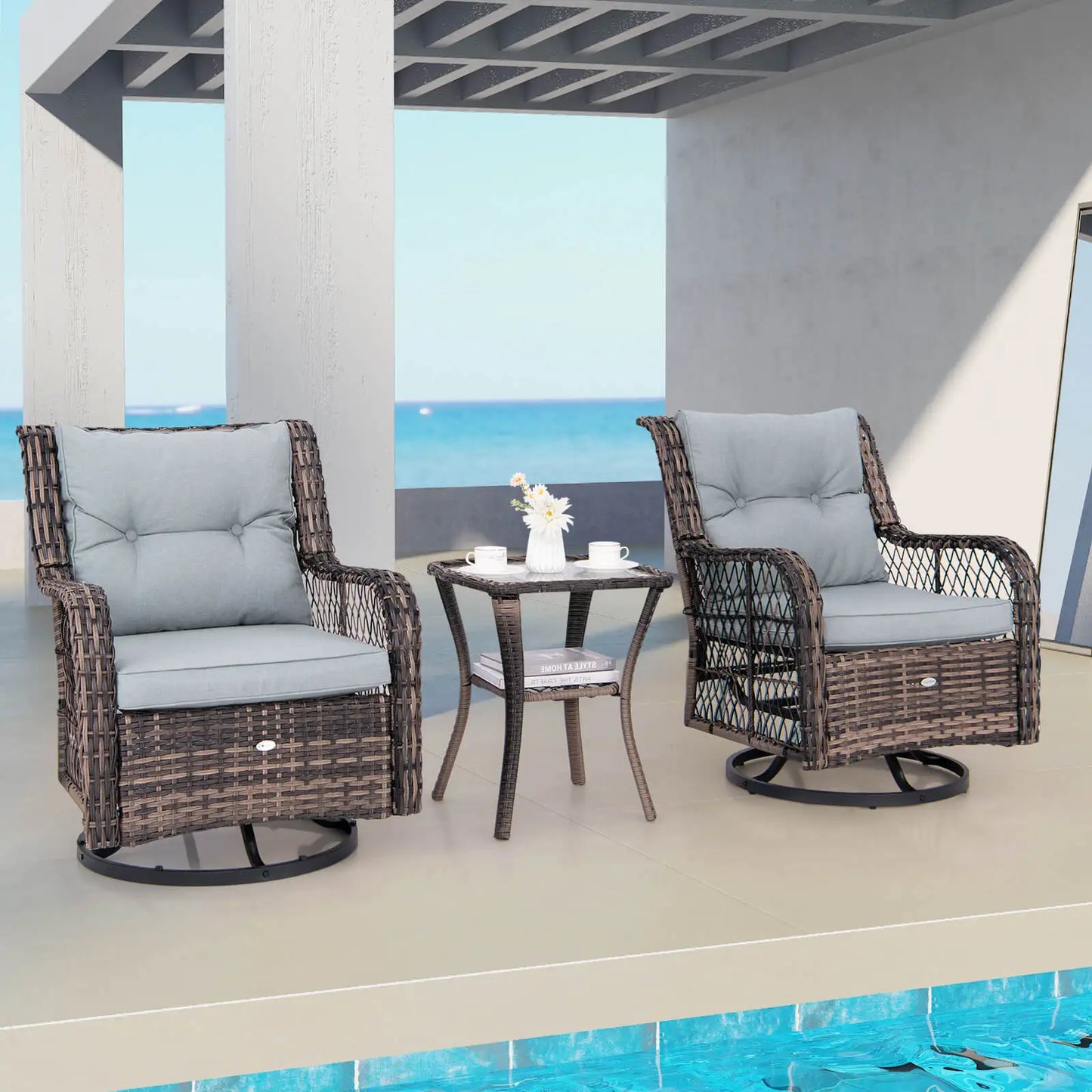 3 PCS Patio Furniture Set Rocking Chairs Set of 2 with Glass Top Side Table