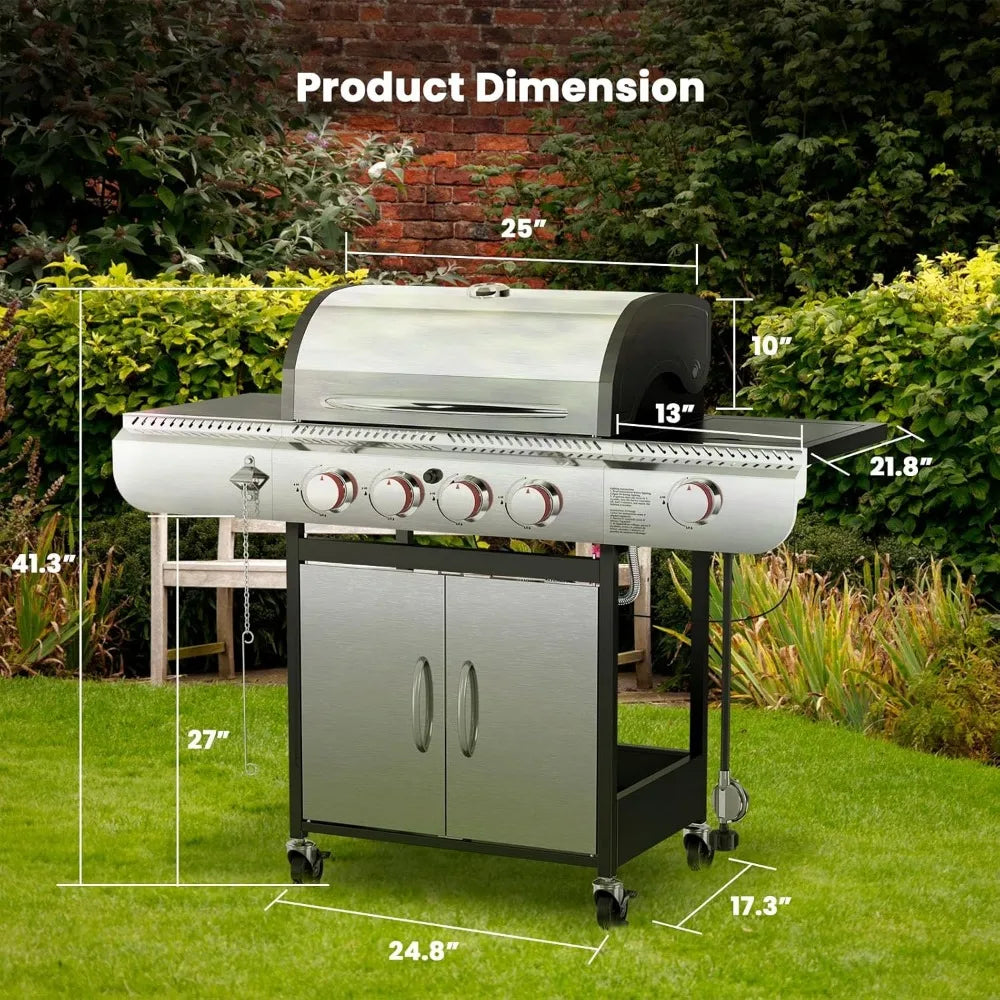 4-Burner Gas BBQ Grill with Side Burner, Porcelain-Enameled Cast Iron Grates, Baking Pan,Outdoor Cooking and Patio Barbecues