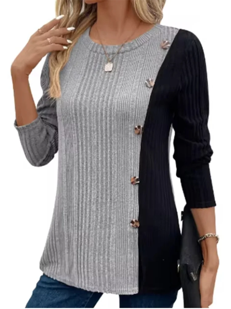 Women's Round Neck Long Sleeved Color Blocked Button T-shirt Daily Office Casual Comfortable Autumn Top
