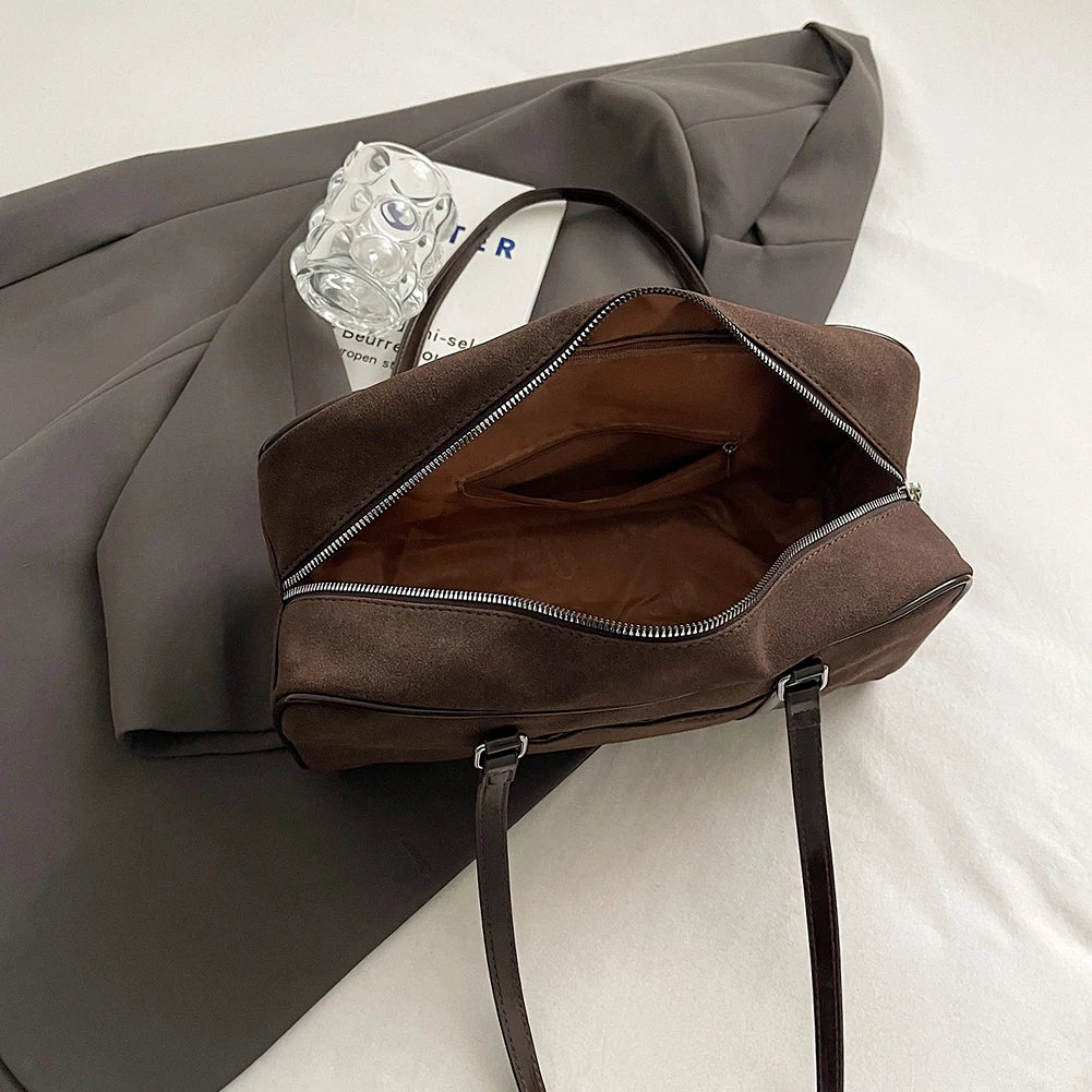 Women Faux Suede Shoulder Bag Trendy Handbag Large Capacity Small Tote Bag Zip Closure Elegant Shoulder Purse Outdoor Travel Bag
