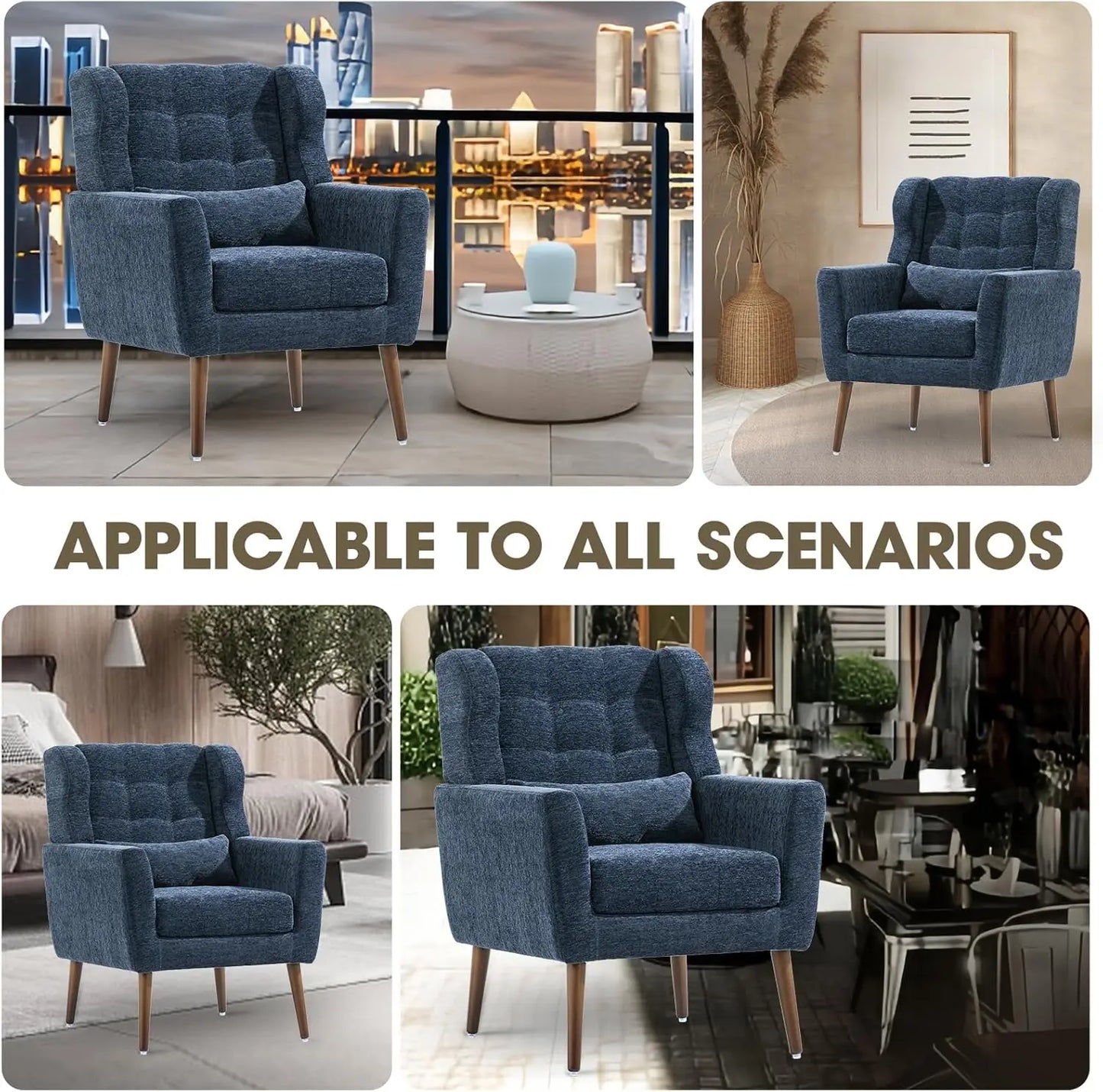 Accent Chairs Set of 2 for Living Room Chenille Upholstered Mordern Armchair Comfy Soft Padded Pillow Solid Wood Leg Blue