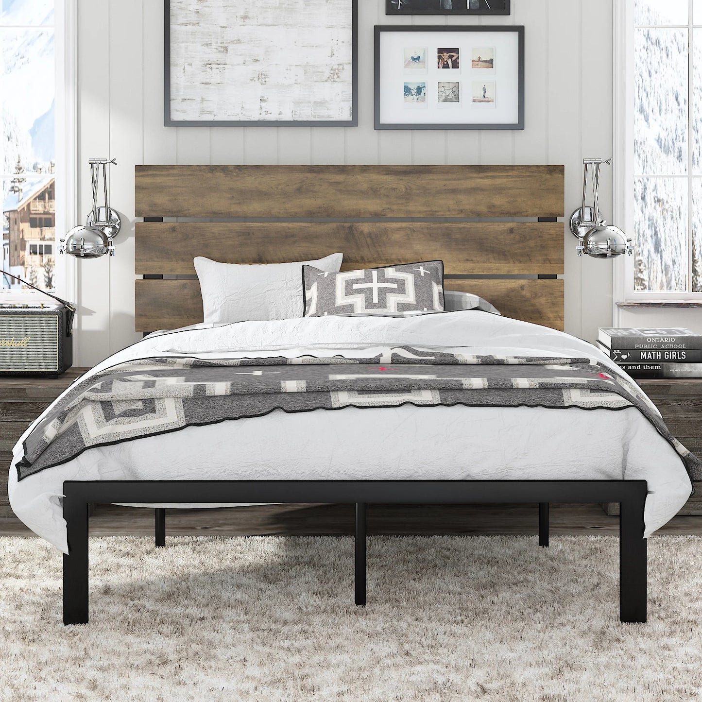 HOOMIC Bed Frame with Rustic Wooden Headboard/Heavy Duty Platform Bed Frame/Mattress Foundation/Strong Metal Slats Support