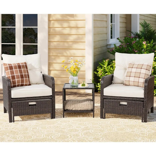5 Piece Patio Set, All Weather PE Wicker Rattan Outdoor Chair and Ottoman Sets, Wicker Patio Furniture Set