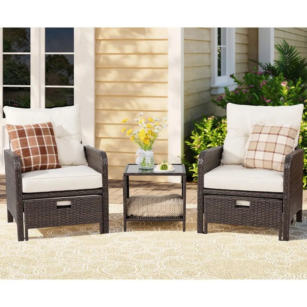 5 Piece Patio Set, All Weather PE Wicker Rattan Outdoor Chair and Ottoman Sets, Wicker Patio Furniture Set