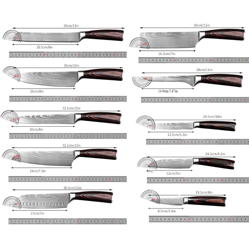 PLYS Kitchen Knife Set Damascus Pattern Laser Engraved Stainless Steel Sharp Japanese Chef's Knife