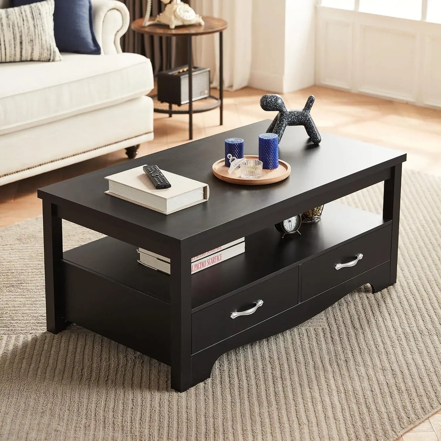 Farmhouse Coffee Table with Storage, Wood Coffee Table for Living Room, Open Display Area&Storage Drawers,Black