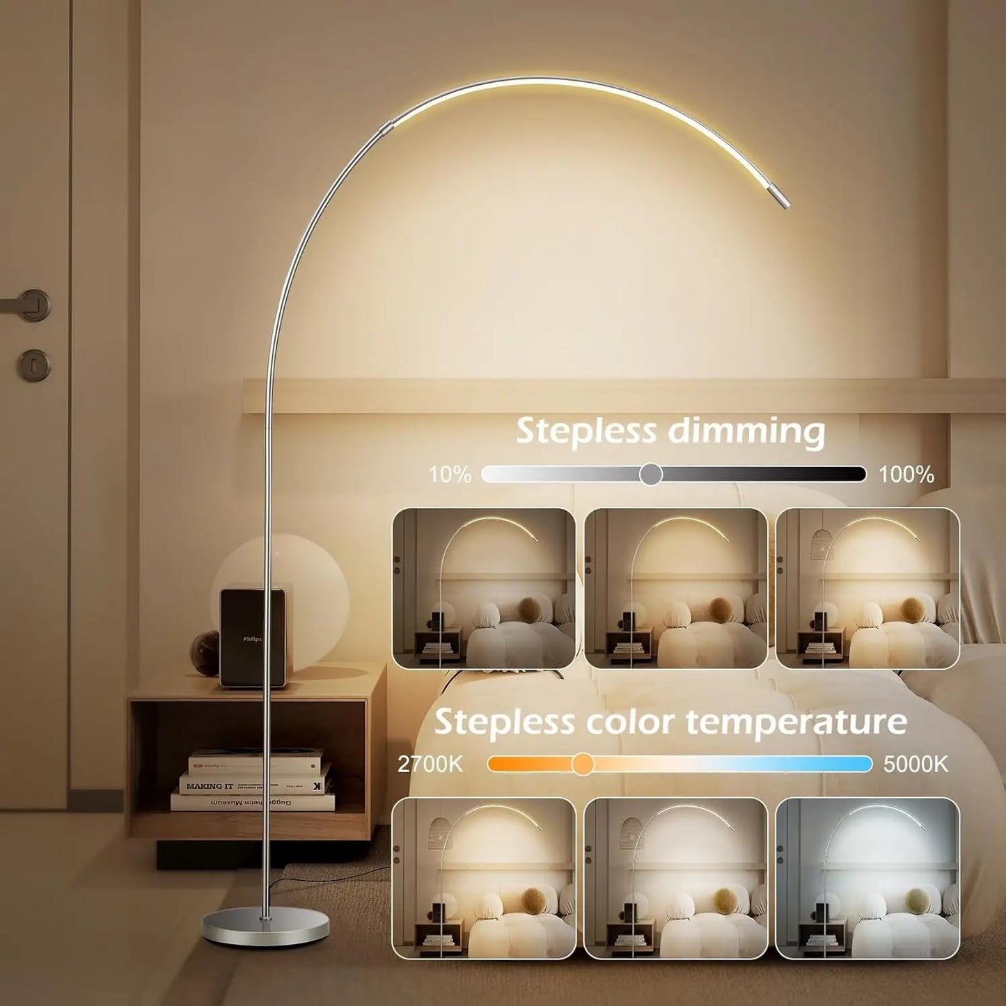 LED Arc Floor Lamp for Living Room, Silver Modern Standing Lamp With Remote Control, 3 Color Temperature Reading Floor Lamp