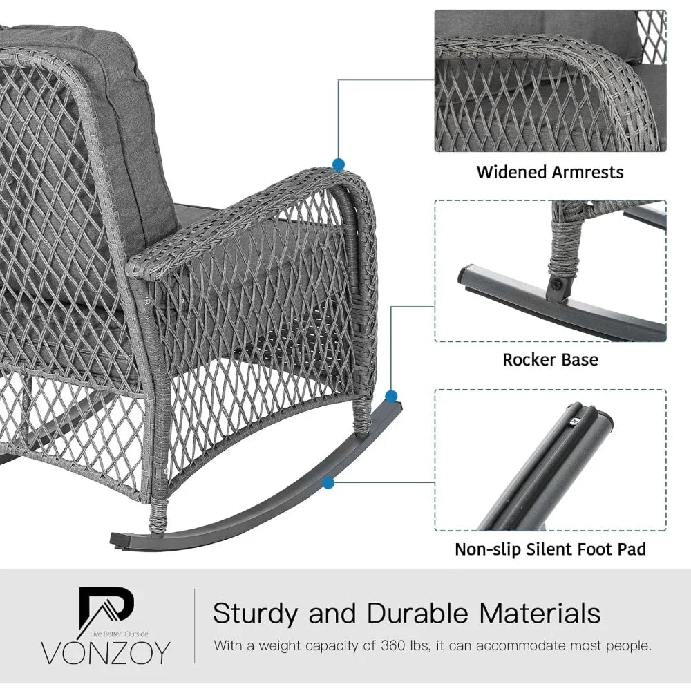 Patio Furniture Set 3 Pieces, Wicker Rocking Set with Thick Cushions, Outdoor Rocker Chairs and Coffee Table for Porch, Backyard