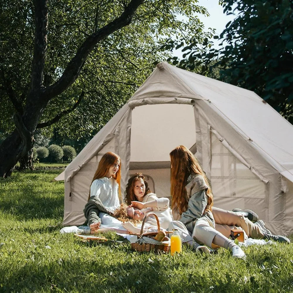 Inflatable tent with pumps, easy-to-pitch large outdoor tent, cabin tents with double mesh windows and convective double doors