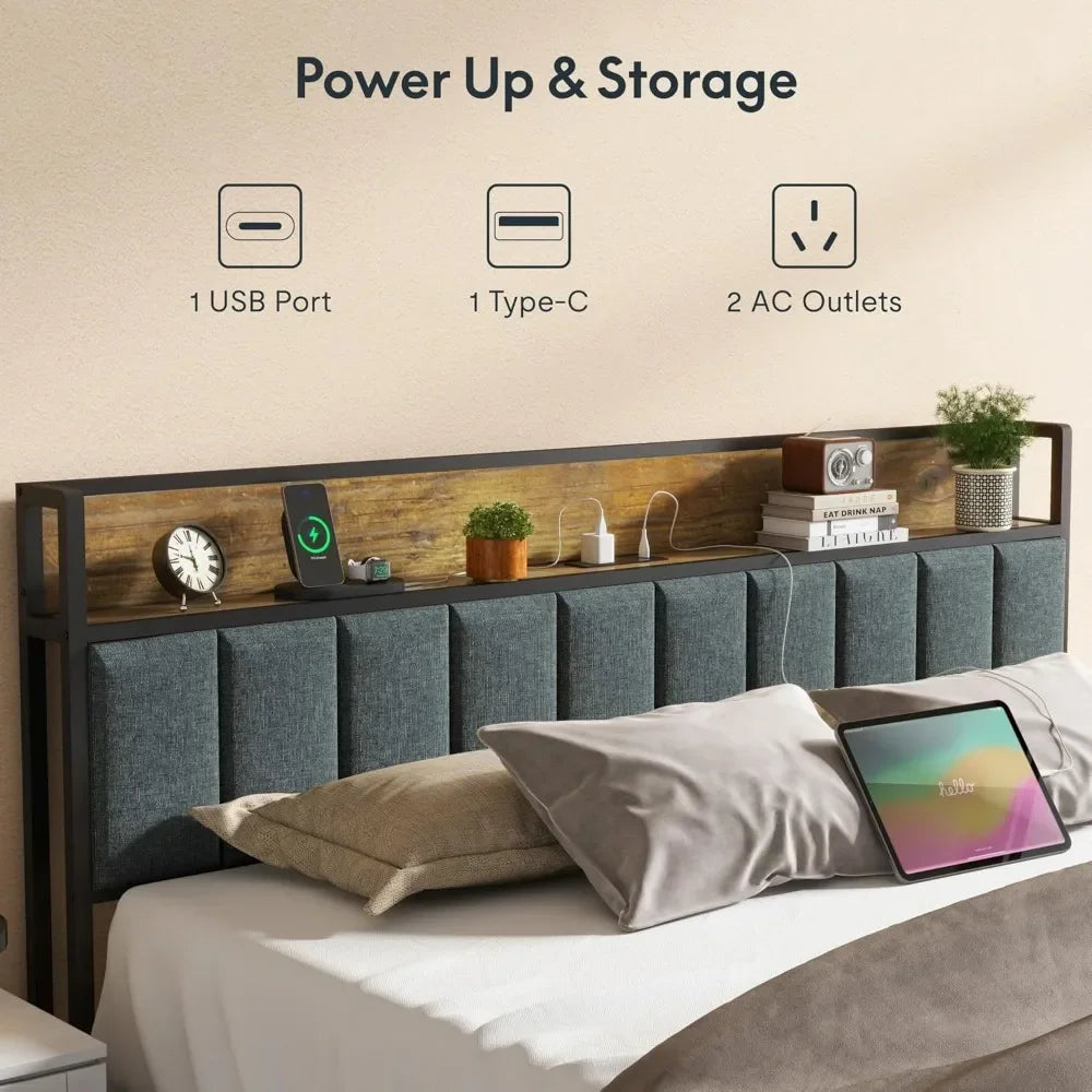 Bed Frame with Storage Headboard, Built-in Charging Station & LED Lights – Sturdy Platform Bed with Drawers