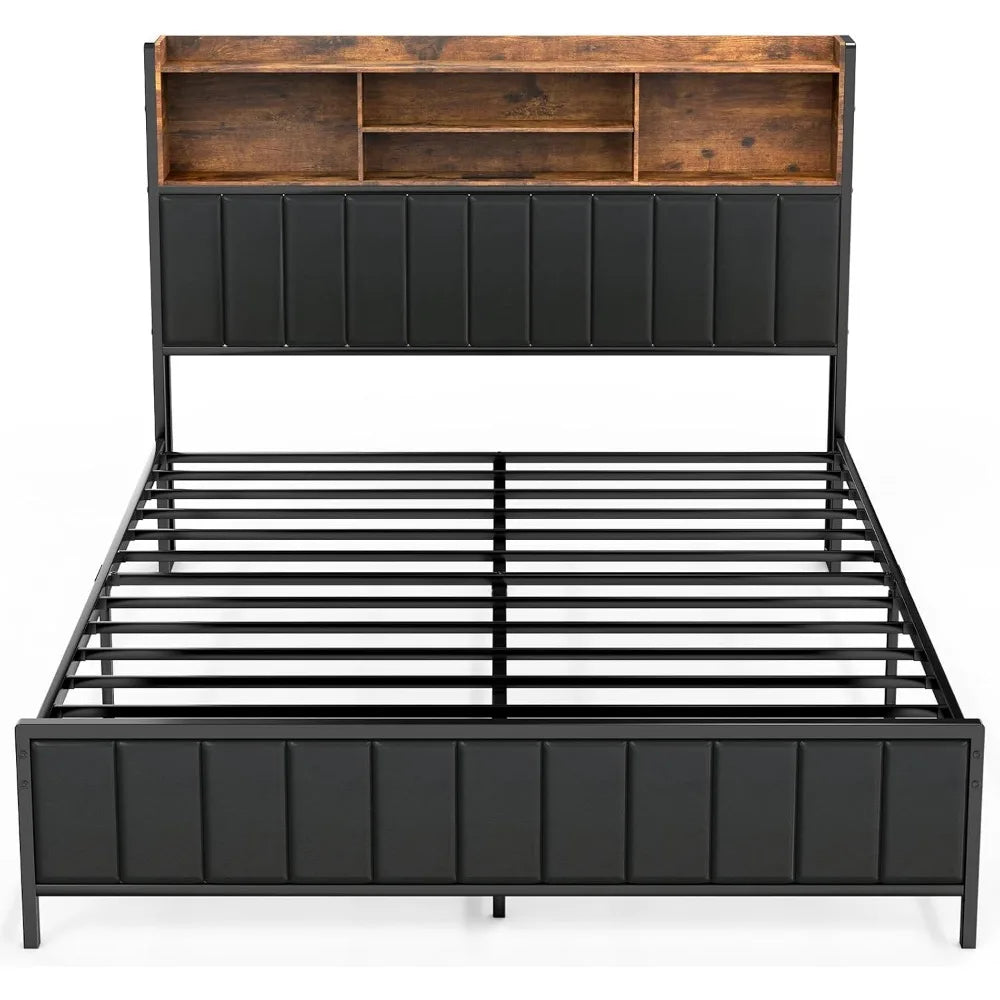 Bed Frame with Storage Upholstered Shelves Headboard, Outlets with Charging Ports and Colorful LED Lights