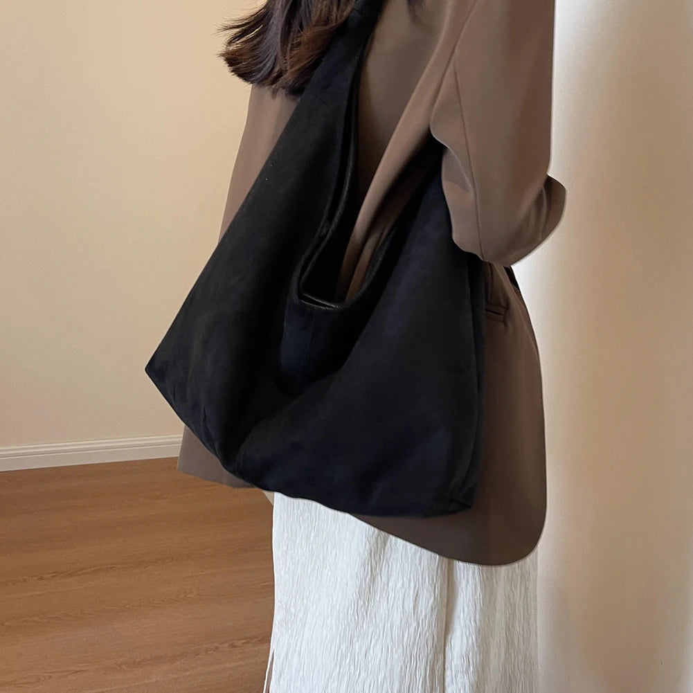 Women Suede Shoulder Bag with Pocket Underarm Bag Trendy Hobo Bag Slouchy Bag for Work Travel Shopping