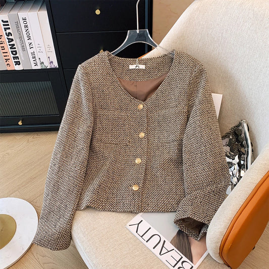 Plus-size women's Autumn/Winter casual commuting loose comfortable coat coffee color V-neck button with long sleeve jacket big