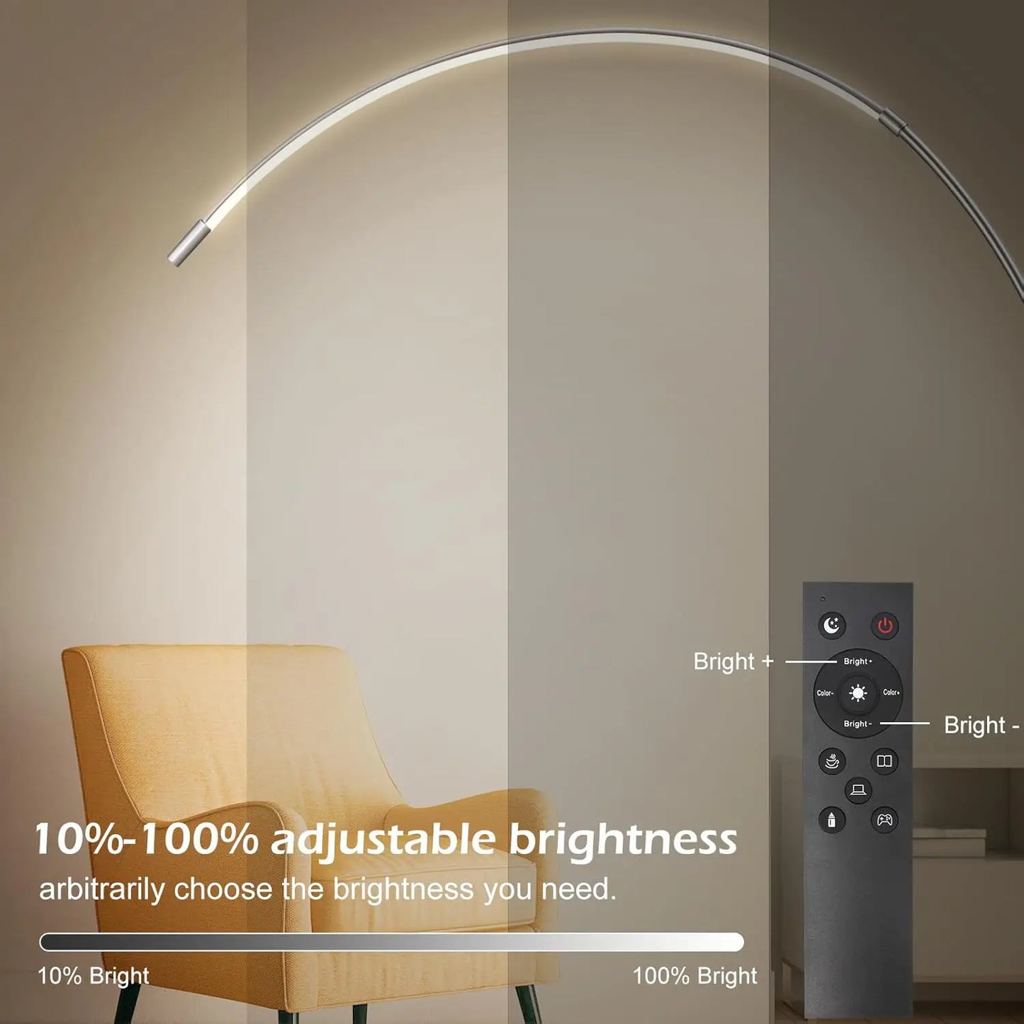 LED Arc Floor Lamp for Living Room, Silver Modern Standing Lamp With Remote Control, 3 Color Temperature Reading Floor Lamp
